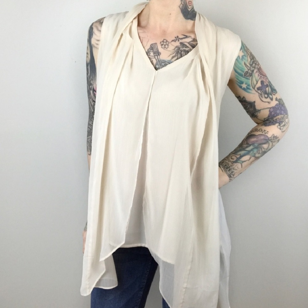 H by Halston Chiffon Sleeveless Tank Top Cream S